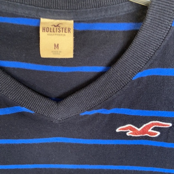 Hollister Nautical Stripe V-Neck T-shirt Y2K Blue Navy Soft Size Medium - Picture 3 of 5